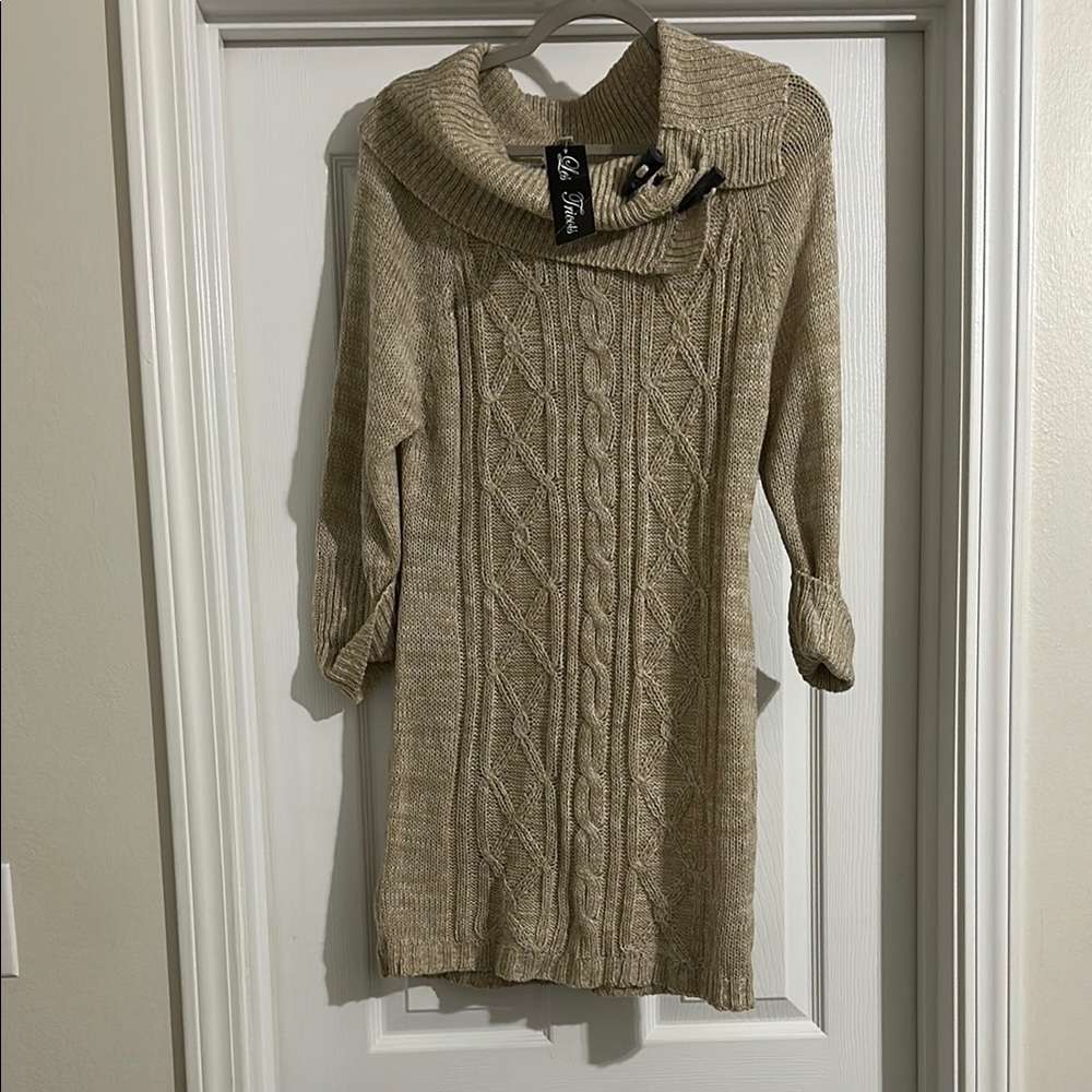 Tan Mini Cable Knit Dress with Cowl Neck
